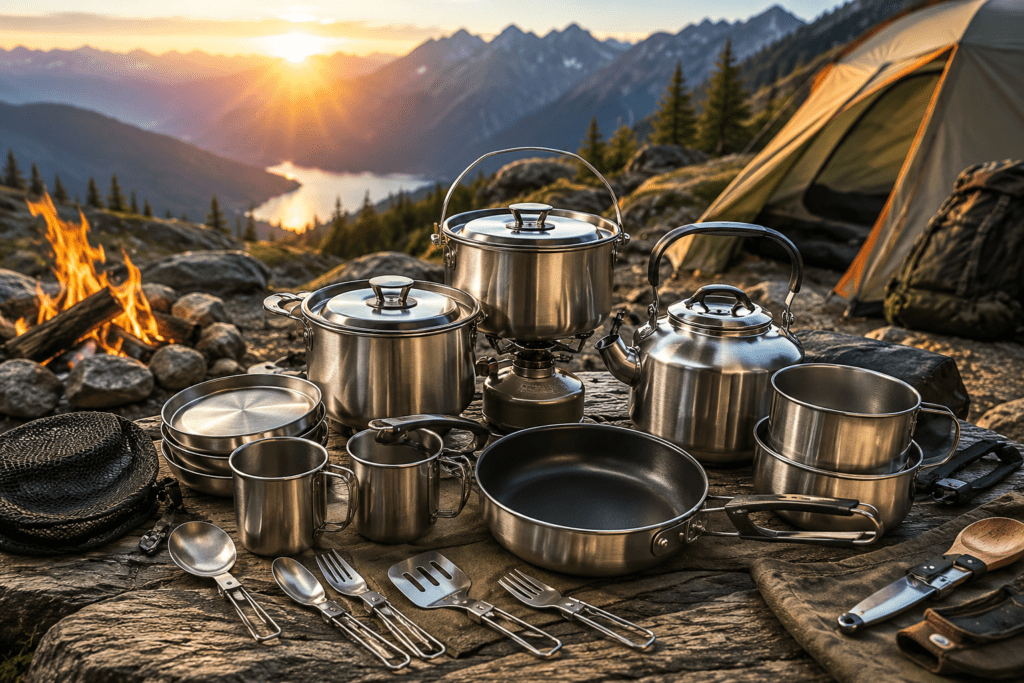 Outdoor cookware set for camping and hiking with pots pans kettle and utensils