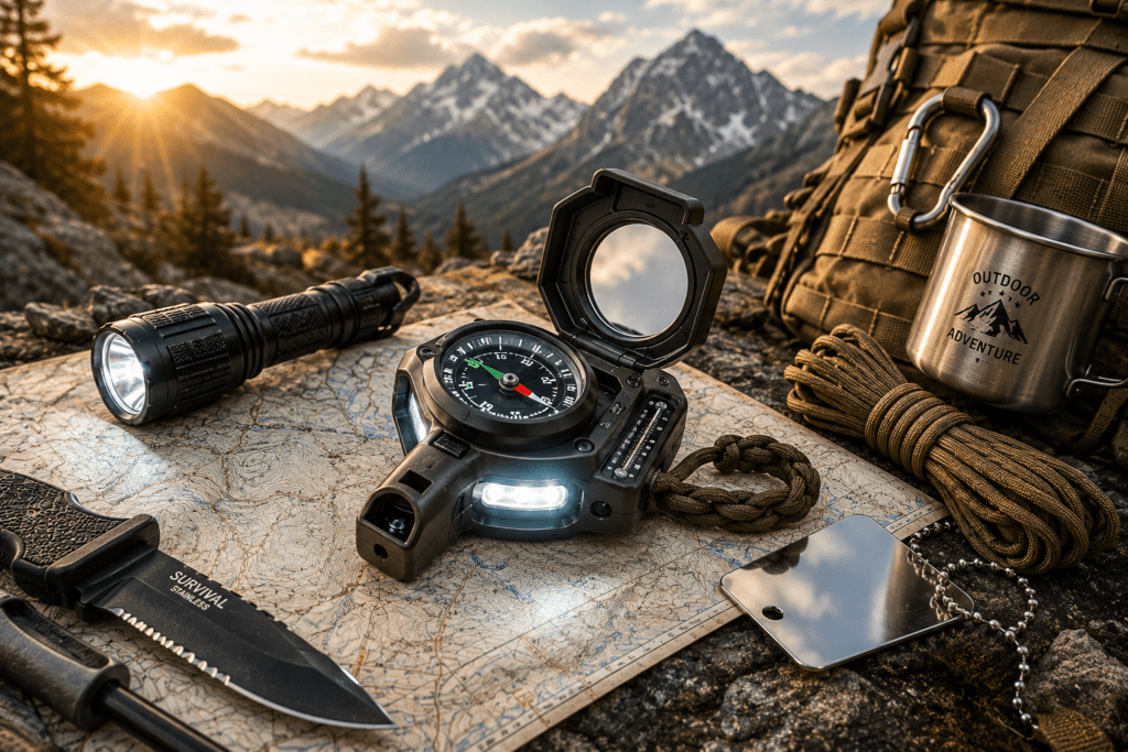 7-in-1 LED survival compass with flashlight whistle and emergency tools