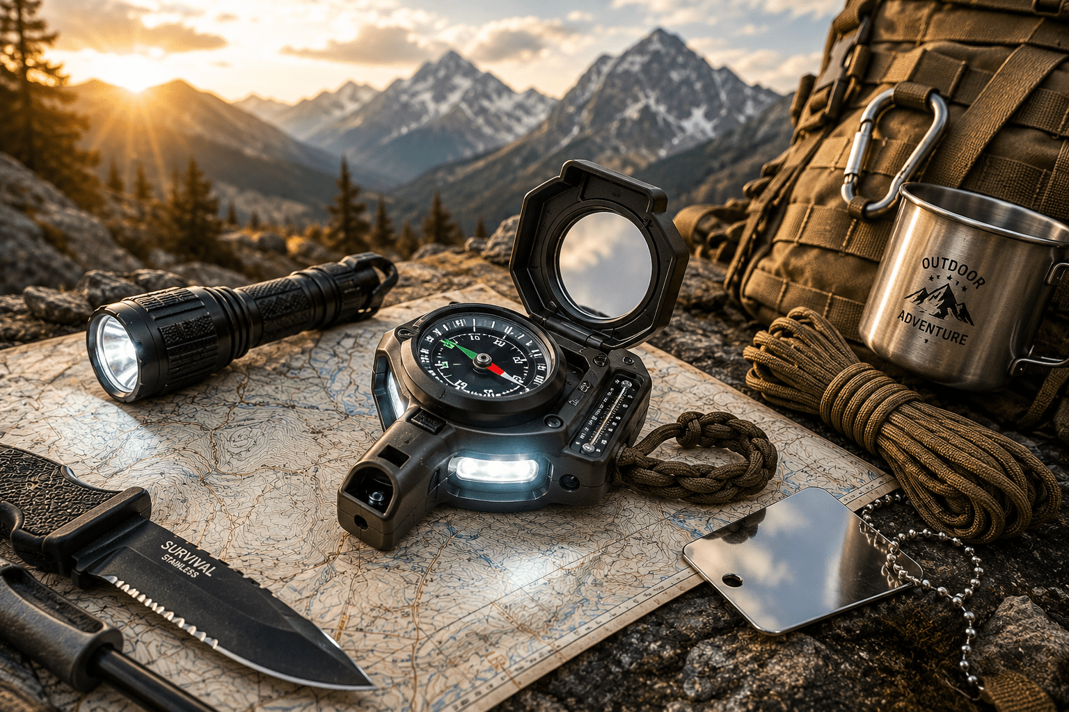 7-in-1 LED survival compass with flashlight whistle and emergency tools
