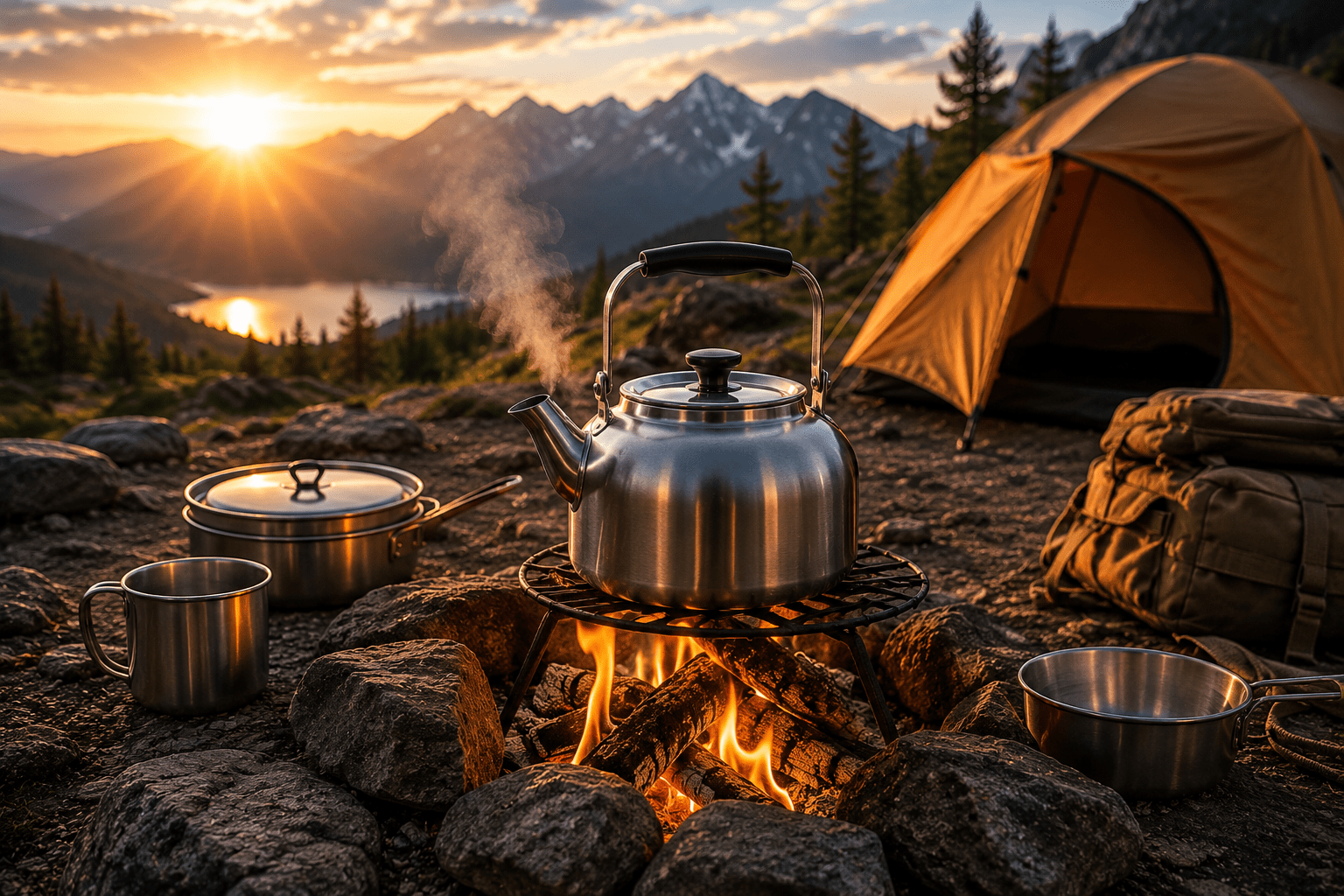 Stainless steel camping kettle boiling water over a campfire