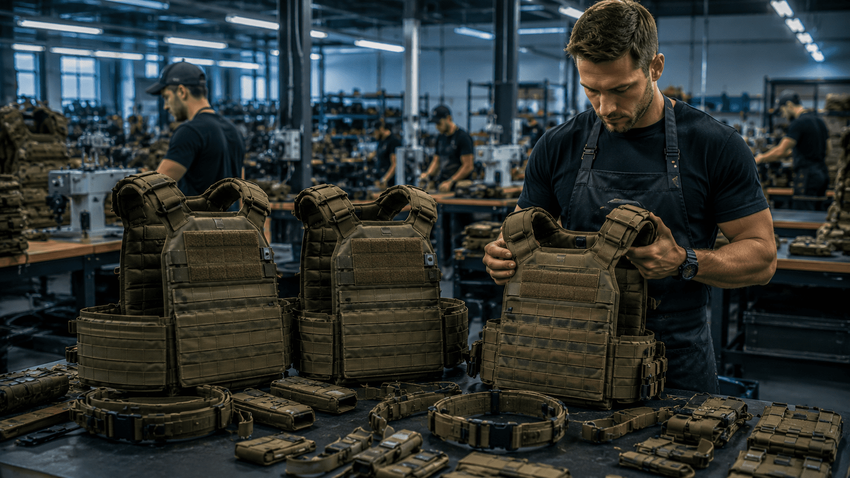 Military-grade plate carrier manufacturer producing custom tactical carriers with MOLLE webbing systems