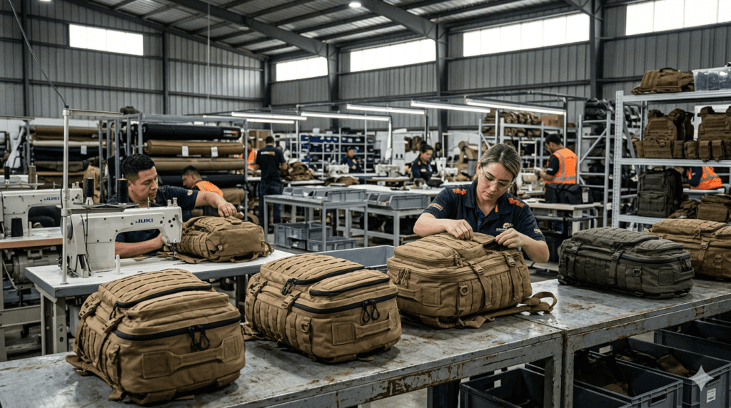 Military-grade tactical backpack manufacturer producing MOLLE backpacks with reinforced stitching and modular compartments