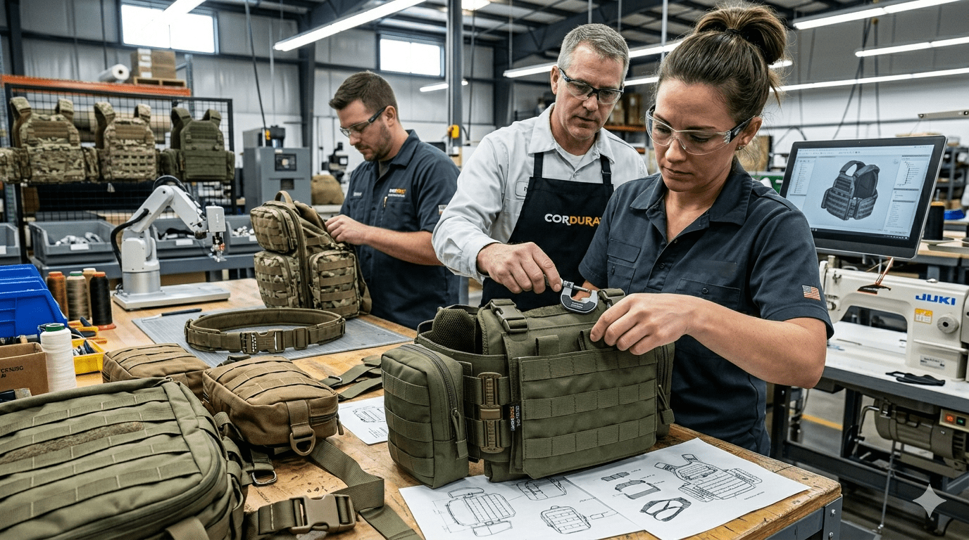 Custom tactical gear manufacturer producing military backpacks, plate carriers, and MOLLE tactical systems in factory environment
