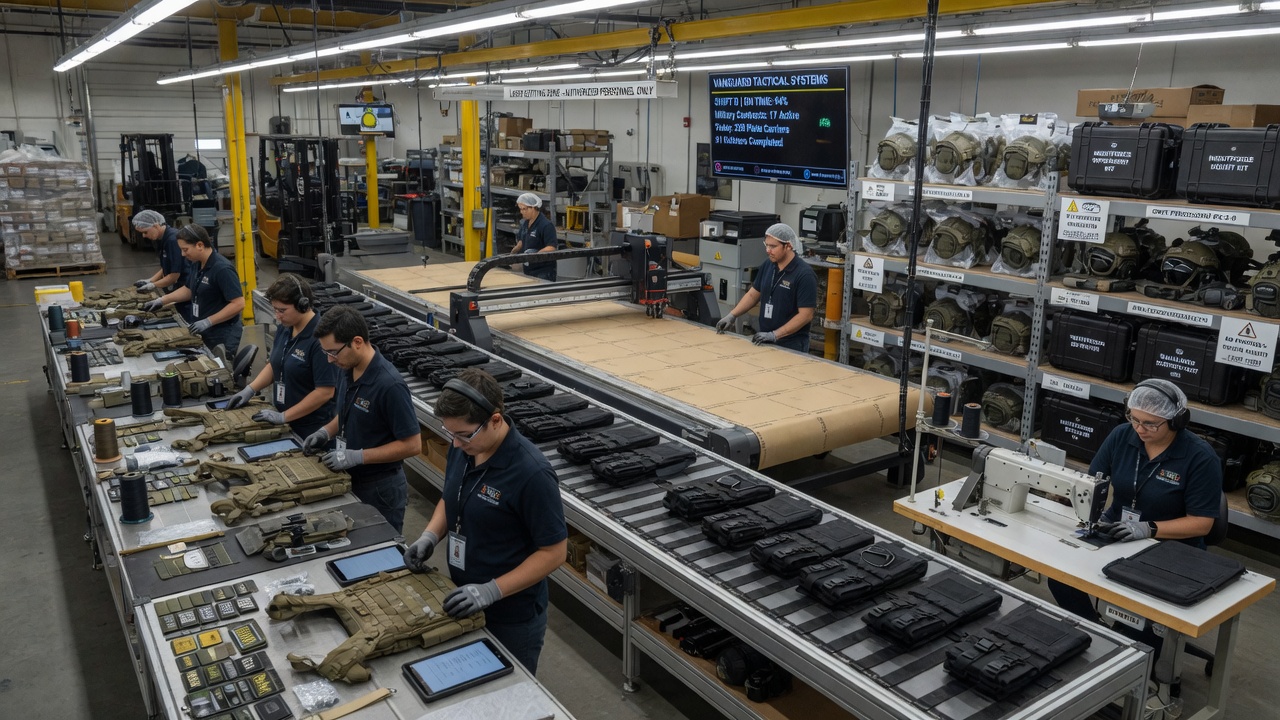 Alt Text: Tactical equipment manufacturers producing military gear in a modern factory