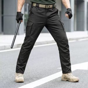 Custom black tactical cargo pants for outdoor and mission use with durable fabric and functional pockets