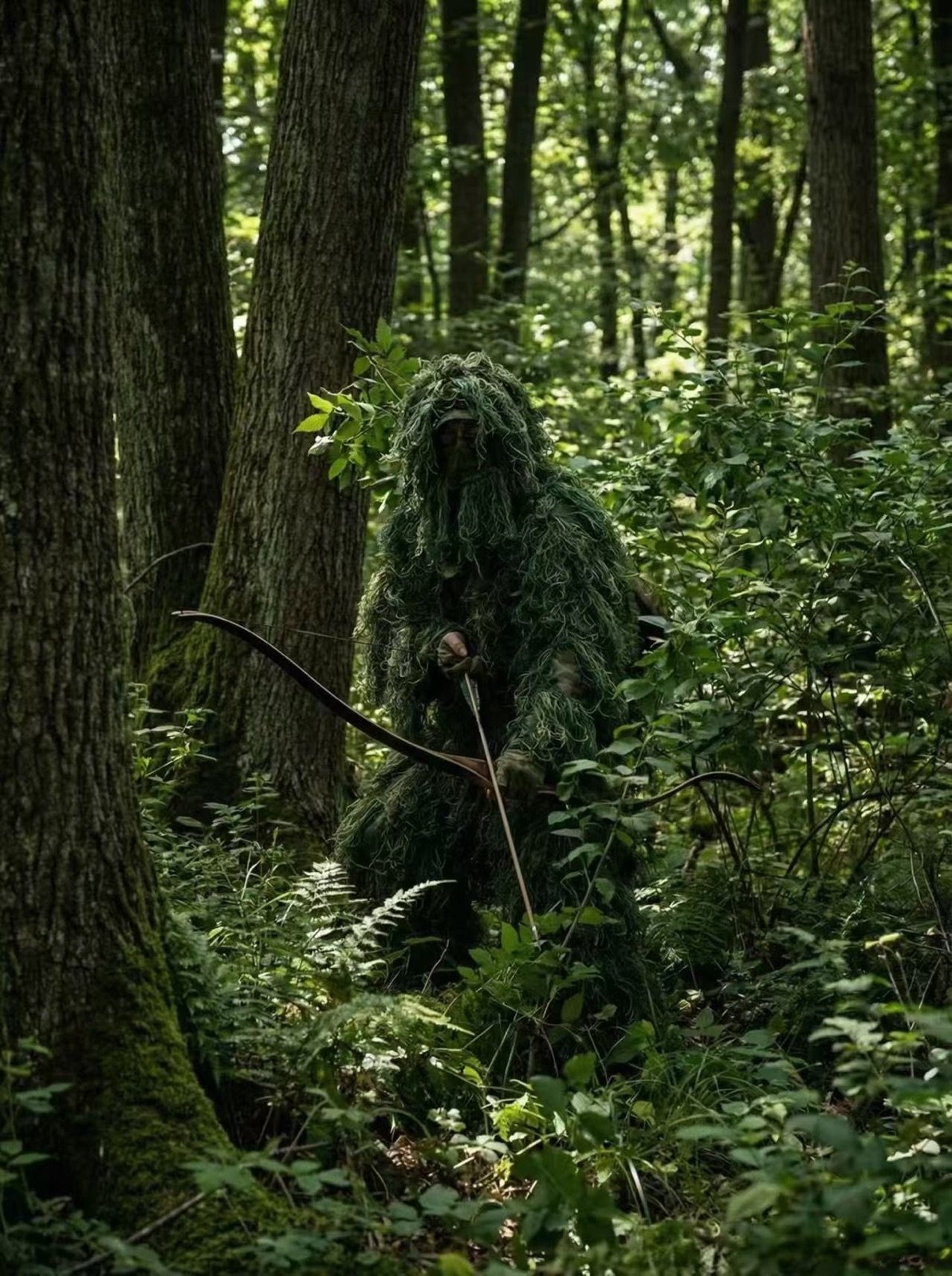 Green ghillie suit used by an archer in a forest