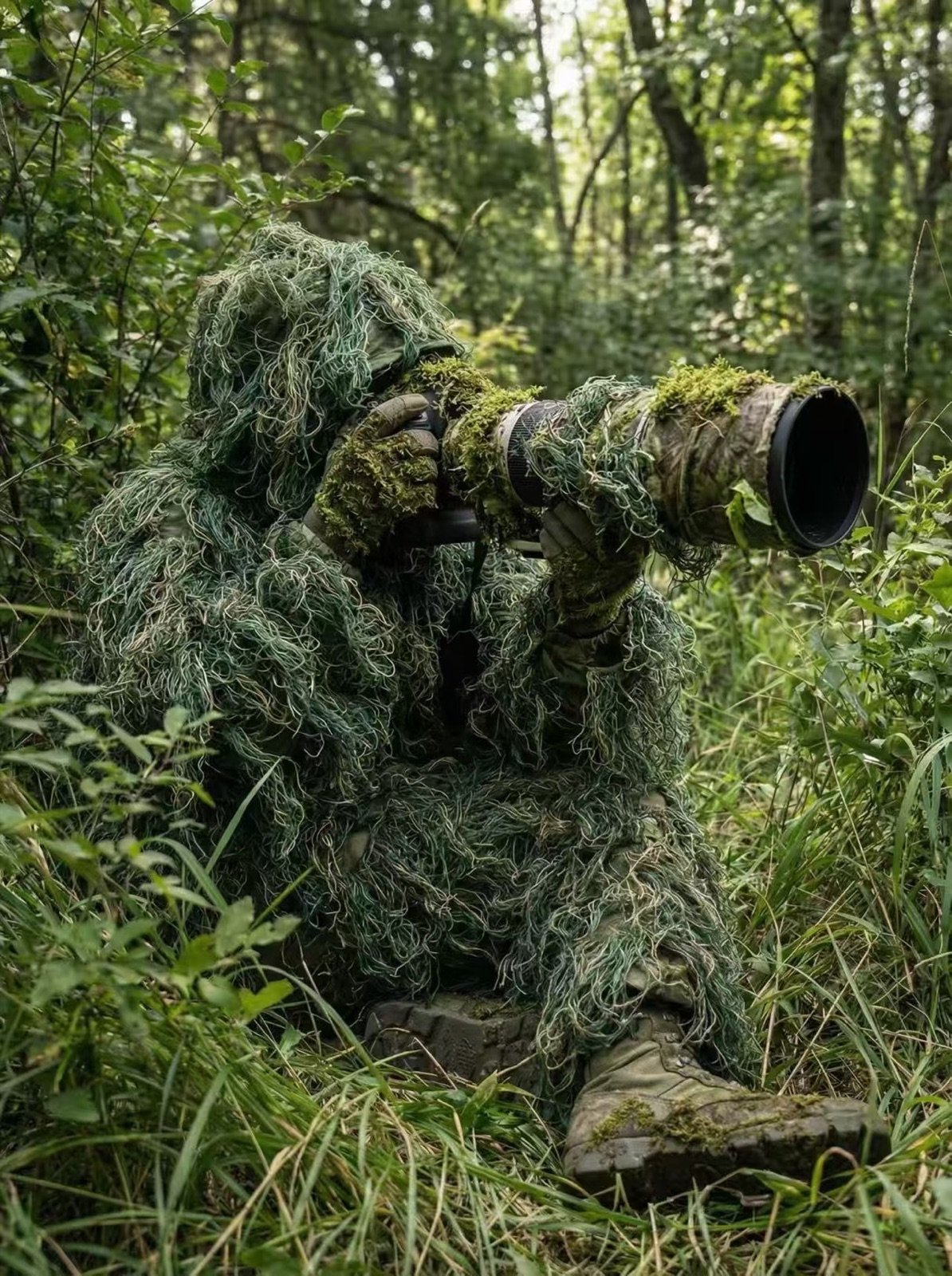 Green ghillie suit used by a photographer in woodland terrain